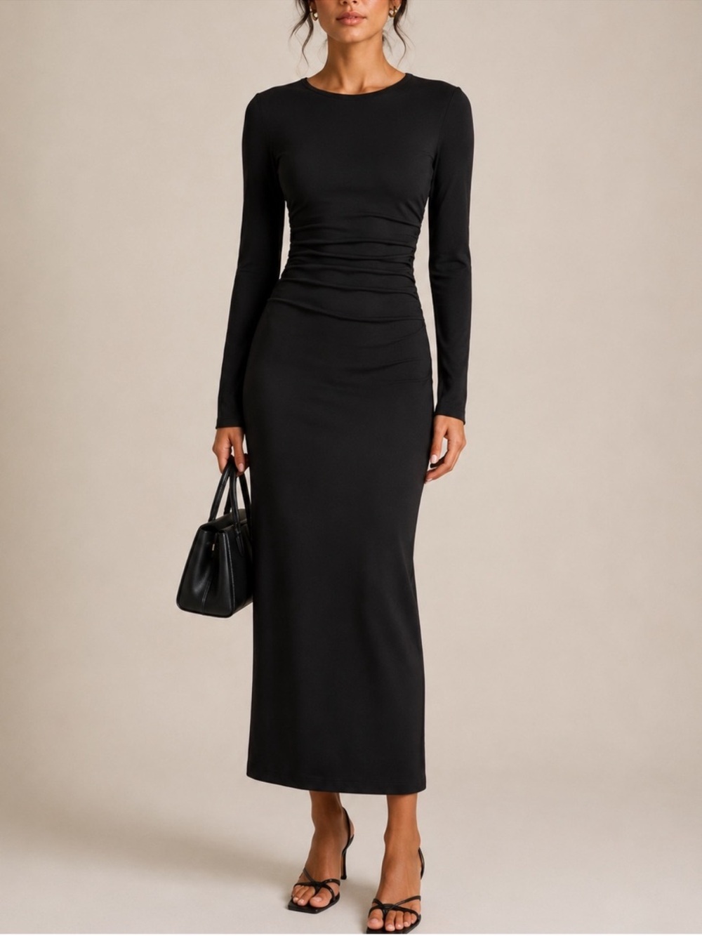 J.Crew Black Jersey Crepe Ruched Long Sleeve Midi Dress XS NWT CF784